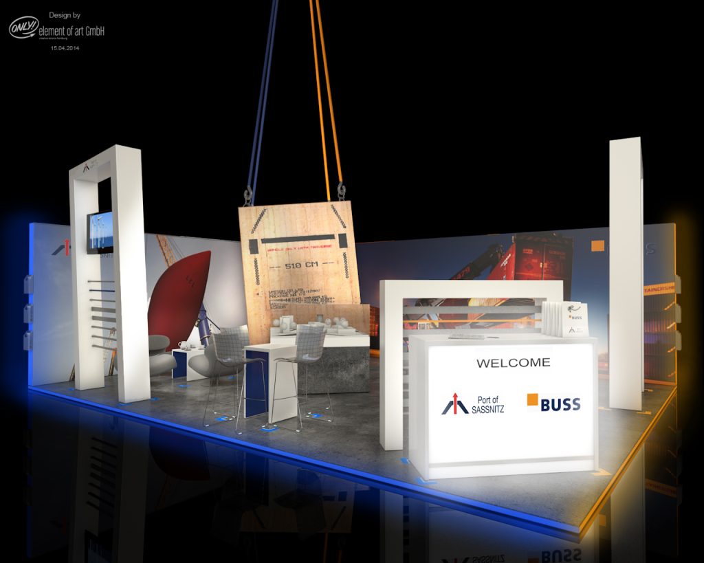 2.3_BUSS_ORGA_SMM_Hamburg_Dekoration_Element_Standelement_Barhocker_Vitrine_Container_TRESSEN_Beleutung_MONITOR_SITZELEMENTE_HAFEN_01 eoa Messe- und Ladenbau